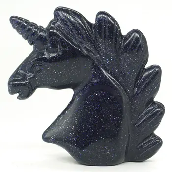 

Unicorn Head Skull FigurineBlue Goldstone Sand Healing Energy Animal Carved Crystal Statue Gemstone Home decor 2"