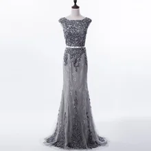 Real Photo Vestido de Noche Gris de 2017 de Lujo Applique Moldeado de La Sirena Vestidos de Encaje Largo Del Partido de baile Vestido Vestido de Festa Longo PD50