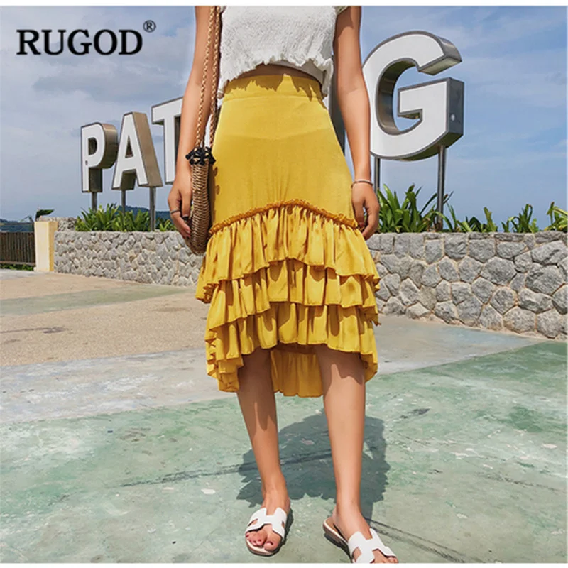 RUGOD/ новая Корейская стильная плиссированная Женская юбка, плиссированная многослойная желтая облегающая летняя пляжная одежда средней длины до середины икры