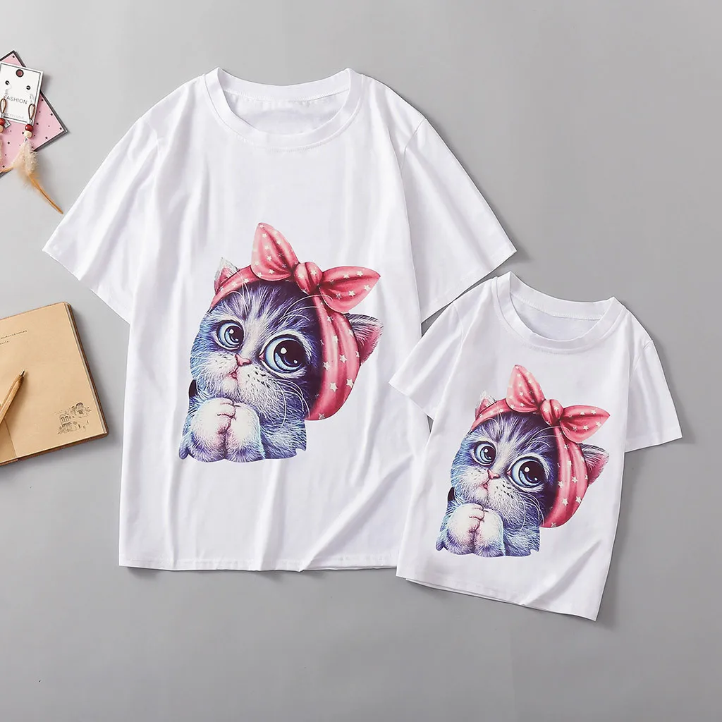 

Mom and daughter matching t-shirt Cute Cat Print Round Neck Short Sleeve Blouse T-shirt Top mommy and me clothes#g30US