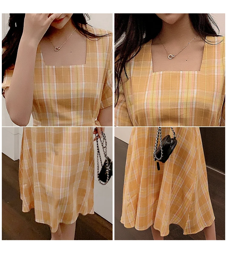 New French retro square collar plaid short sleeved ribbon dress summer waist woman A word big dress dress belt various methods