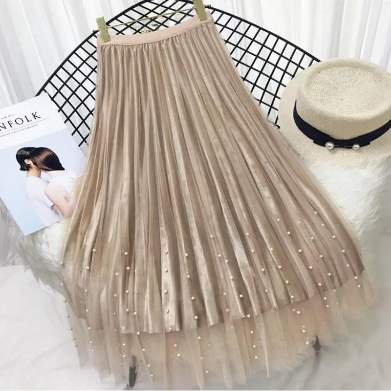 

2024 Autumn And Spring New Arrial Beading Mesh Stitching Velvet Pleated Skirt Faldas Largas Elegantes Available Free Shipping