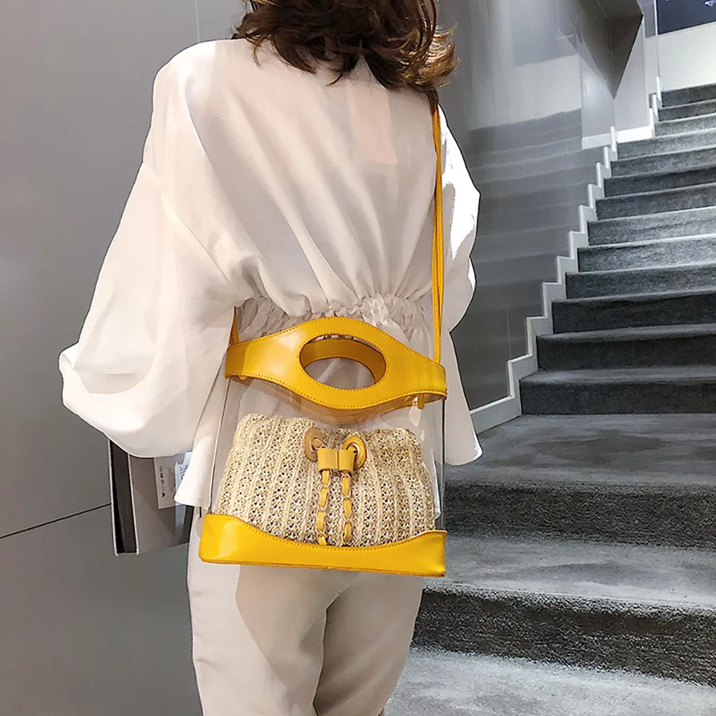 

Women Small Bucket Bags Transparent Totes Rattan bag Female Mini Jelly Handbags Drawstring straw sac women bag over shoulder