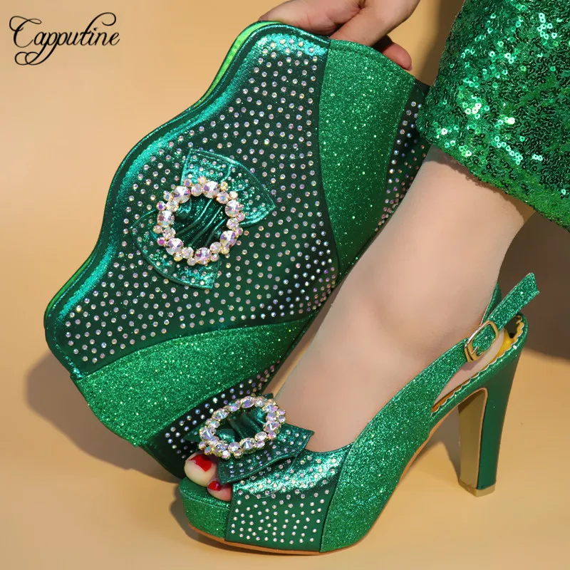 

Capputine Green Color African Design Rhinestone Shoes With Bag Set Fashion Summer Woman Bag Shoes And Purse Set For Party Dress