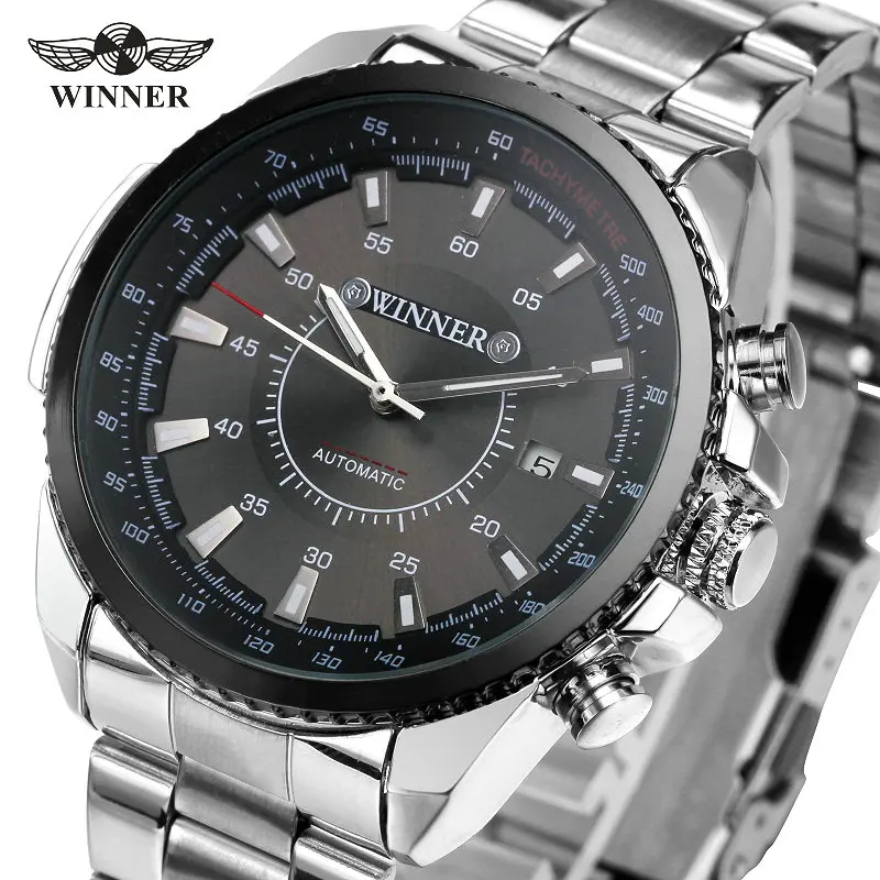 Winner Men's Mechanical Automatic Watch Stainless Steel Strap Supersize Case Date Calendar Business NEW Noble Fashion winner men skeleton automatic mechanical watch leather strap sub dials supersize case date calendar box