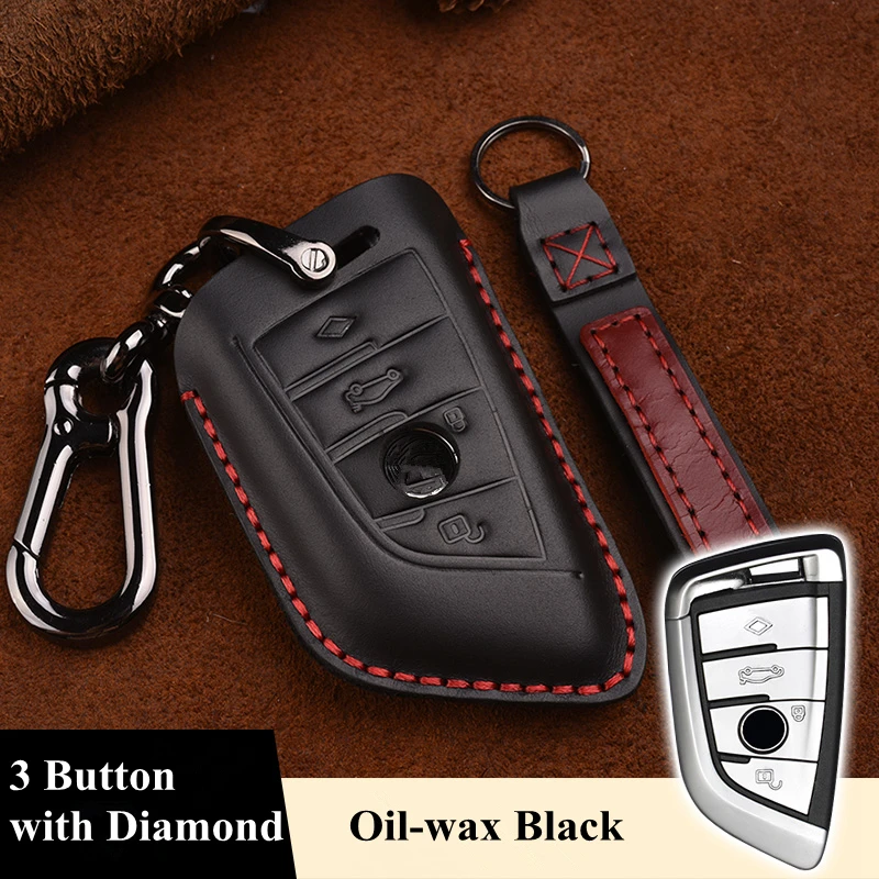 Чехол из натуральной кожи для автомобильных ключей, форма лезвия для BMW 1, 3, 5, 7, серия X1, X3, X4, X5, X6, винтажный брелок ручной работы для автомобильных ключей - Название цвета: Black 3 Button Diam