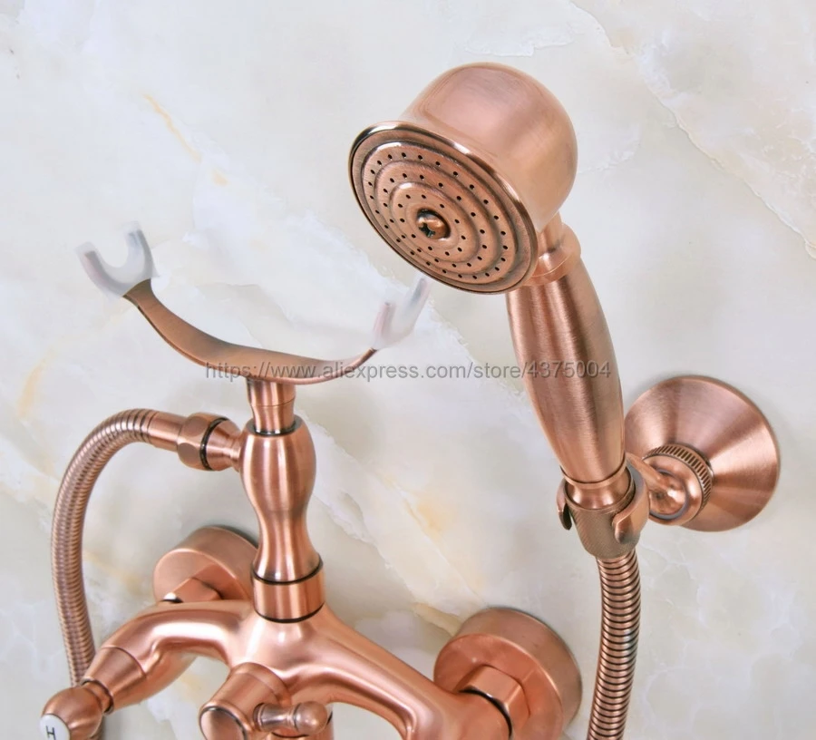 Antique Red Copper Bathroom Clawfoot Bath Tub Faucet Mixer Tap Ceramic Handle Hand Shower Head Nna365