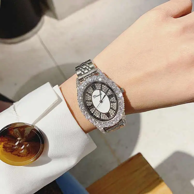 Модные роскошные дизайнерские брендовые Нержавеющая сталь женские часы с бриллиантами кварц овал Форма водостойкие женские часы