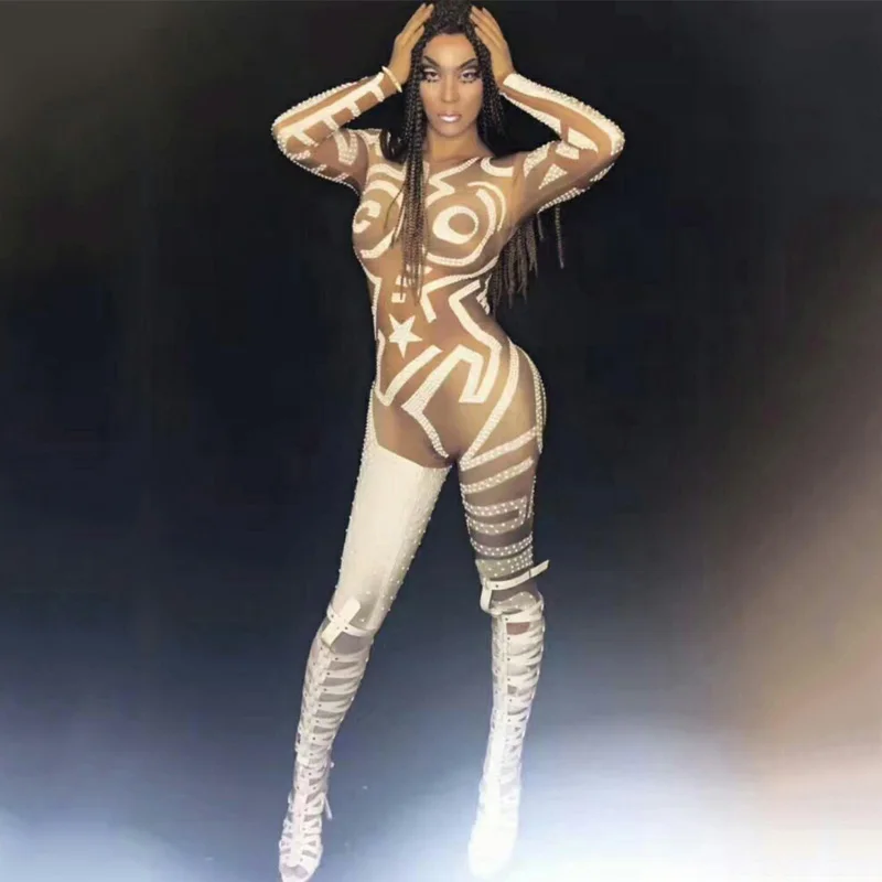 

new Sexy Nightclub Costume woman Singer Dance Leotard Rhinestones Rompers Jumpsuit Women's Outfit Photo Shoot Dance Bodysuit