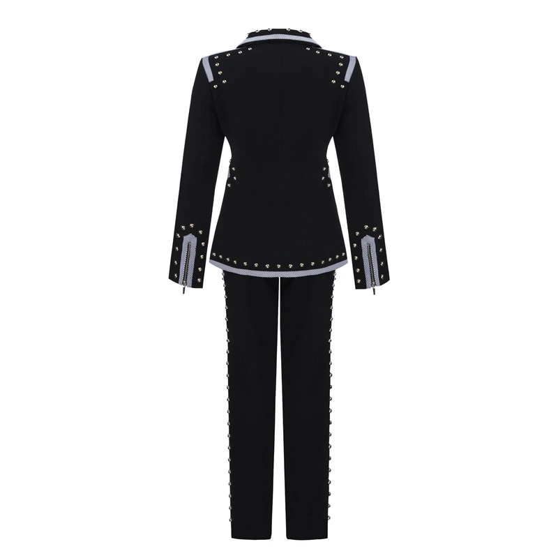 Beateen Black Blazer Pant Suits 2 Pieces Set Rivet Studded Zipper Fashion Women Formal OL Party