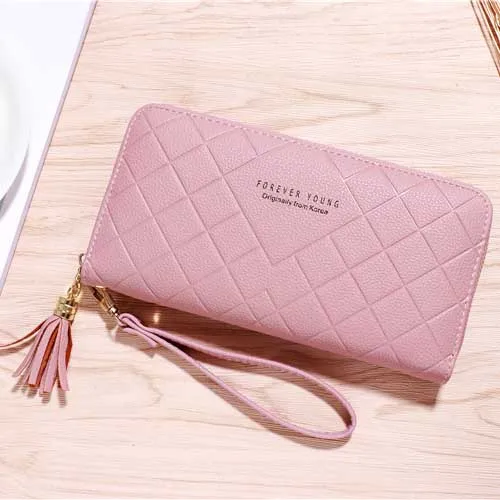 Pink Кошелек на молнии Кошелек для монет Женская барсетка с ремешком на руку сумки Moneybag женские длинные кошельки клетчатые Модные кисточки сумки для карт карман Notecase - Цвет: Pink