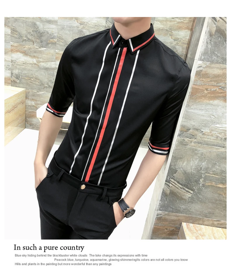 Модные дизайнерские Для мужчин рубашка Половина рукавом Slim Fit полоса печати социальных Рубашки для мальчиков платье 2018 сезон: весна–лето