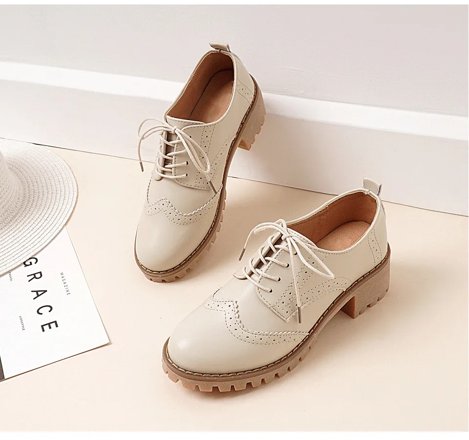 Women Oxfords Shoes Handmade Lace-up Round Toe Thick Heel Leisure Comfortable and Soft Office Lady Shoes