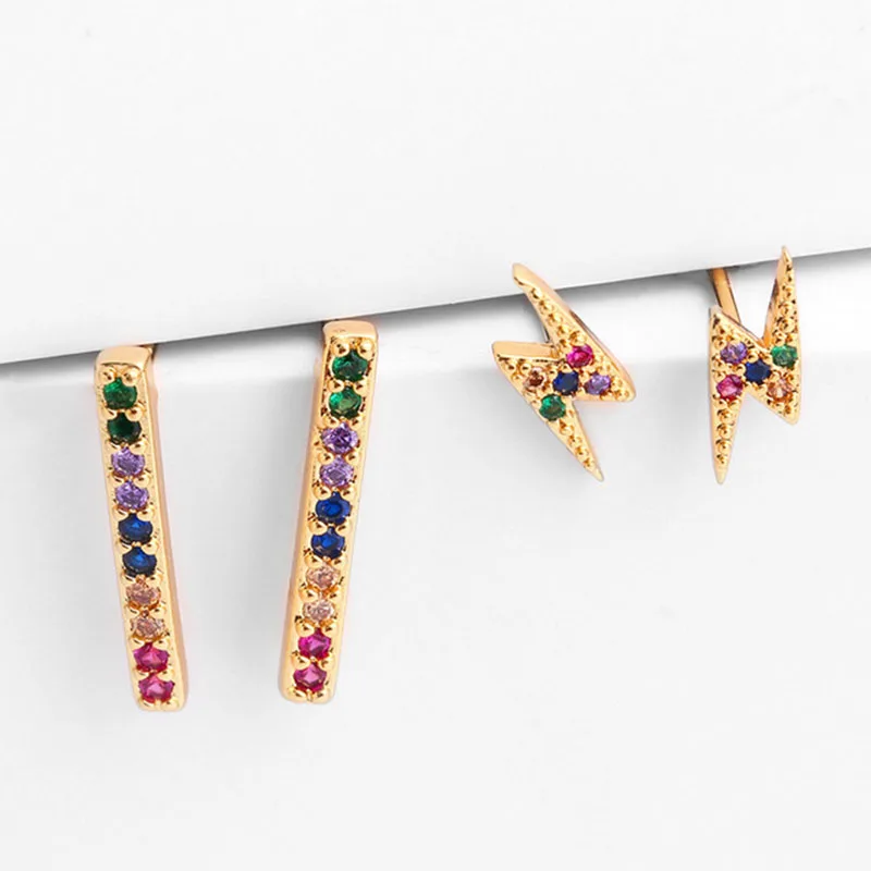 

Colorful Cubic Zirconia Women Stud Earring Lighting Strip Earrings Gold Color Luxury Pave Minimalist Korean Jewelry Aretes MZ016