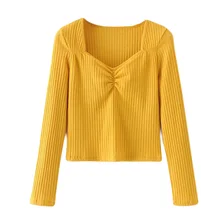 Футболка с длинными рукавами в стиле ретро с квадратным воротником, женская трикотажная рубашка ранней весны, желтый, черный, белый свитер