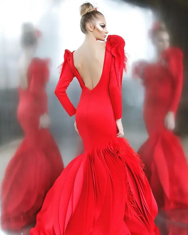 Модные длинные рукава, красное вечернее платье с бисером и бусинами, с рюшами, Русалочка, Африканское платье выпускного вечера, vestido de festa Longo, новинка