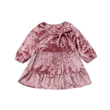 Вельветовое платье принцессы для девочек вечерние зимние платья с длинными рукавами для маленьких девочек с бантом, пышные модные платья для детей года