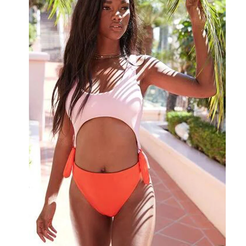 

High Leg Tie Side One Piece Swimsuit Sexy Cut Out Swimwear Floral Printed Bathing Suits Brazil Monokini Female Bodysuits XL