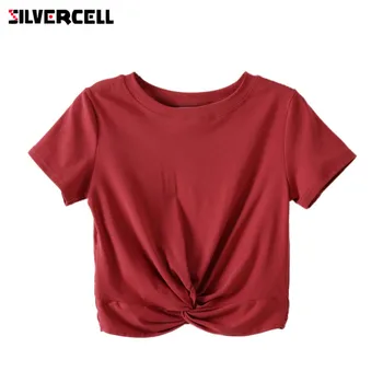 

2018 Summer Crop Tops Women Short Sleeve O Neck Cross-knotted T-Shirt Tops