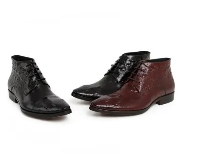 

Martin Boots Dress Shoes Men Lace Up Genuine Leather Pointed Toes High Top Casual Business Shoes Alligator Pattern Ankle Boots