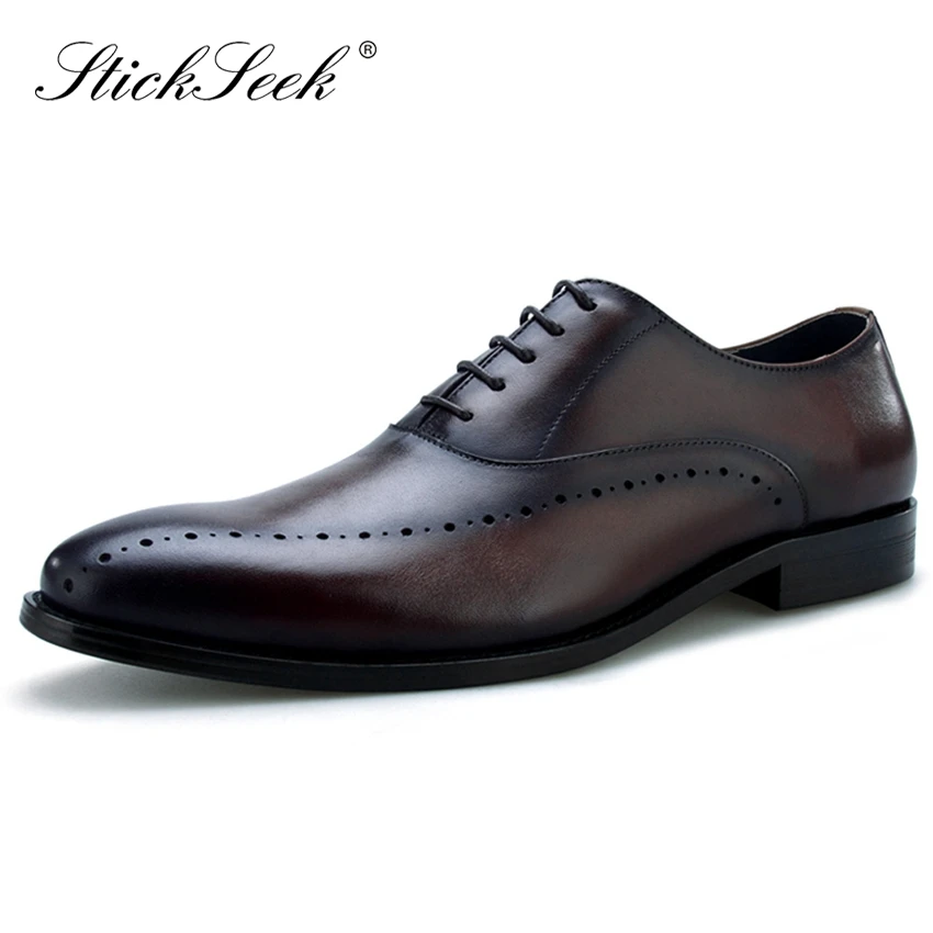 

2019 Summer Genuine Leather Formal Dress Man Wedding Party Shoes Pointed Toe Breathable Men's Banquet Party Brogue Oxfords SK203