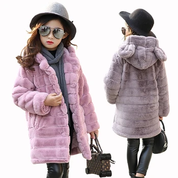 

2018 Winter Teenage Girls Faux Fox Fur Hooded Coat Thick Fluff Warm Jacket Children Baby Clothes Kids Plus Velvet Outwear M05