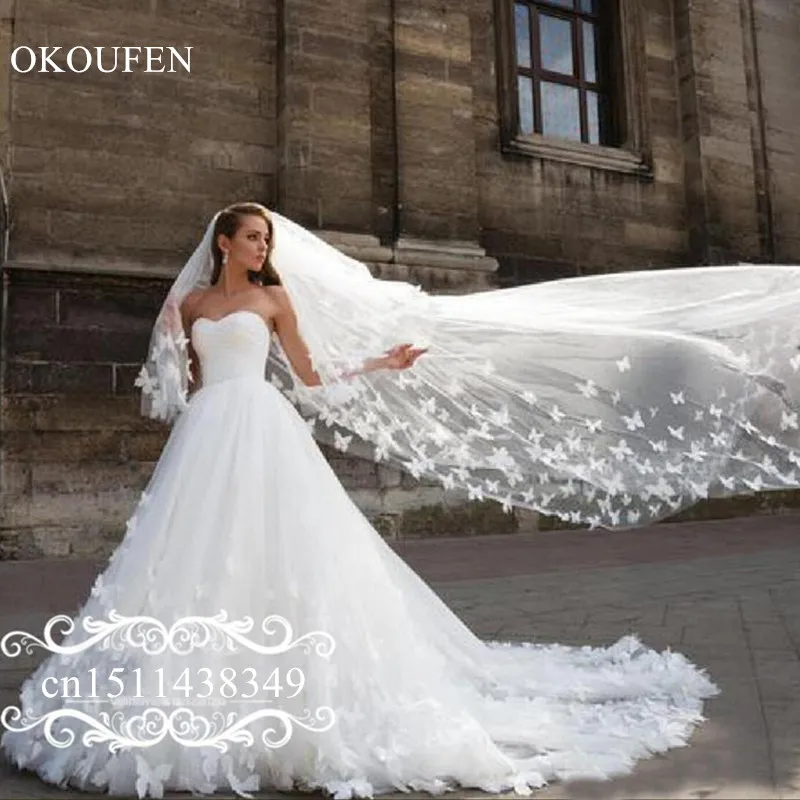 Бабочка 3d-цветочное свадебное платье с аппликацией с вуалью длинный Часовня Поезд пышная линия белая вуаль, свадебные платья для женщин