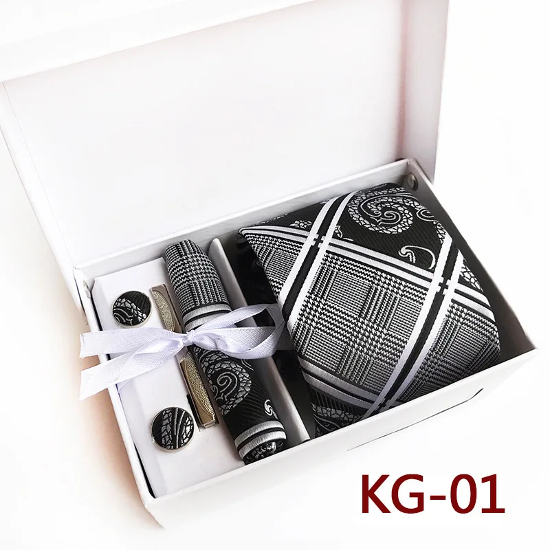 Набор галстуков Подарочная коробка Упаковка галстуков Карманный квадратный носовой платок набор для мужчин 8 см мужской галстук запонки набор зажимов свадебный подарок - Цвет: KG-01