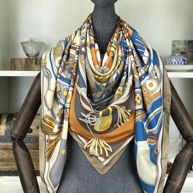 100% Twill Silk Scarf Women Plaid Print Shawl Echarpe Fourlard Femme Square Women's Scarves Bandanas Bufandas Mujer 130*130cm