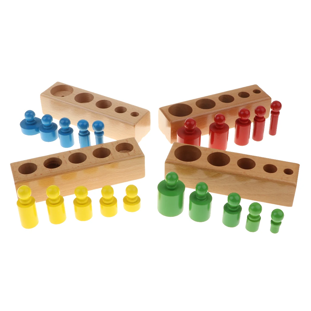 Set of 4 Montessori Teaching Wooden 20pcs Knobbed Cylinders Socket Blocks  Educational Toy