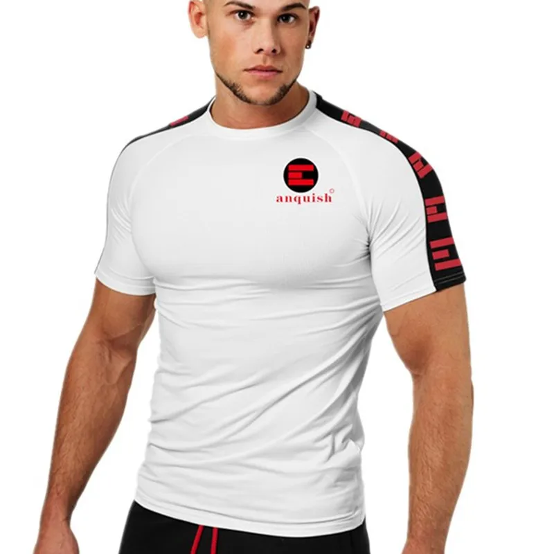 

Summer 2019 New Fashion casual O Neck Short Sleeve Tees Men Gyms Fitness Jogger Cotton Tights Patchwork Tops Clothing