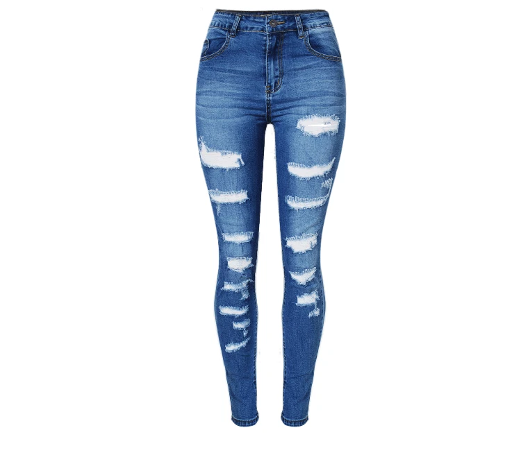 Популярные рваные модные женские джинсы с высокой талией из денима стрейч Длинные обтягивающие джинсы-карандаш Летние Стильные женские обтягивающие сексуальные джинсы - Цвет: Blue