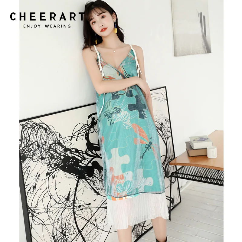 

Cheerart Summer Spaghetti Strap Dress V Neck Animal Print Long Dresses Patchwork Mesh Midi Dress Women Tropical Dress