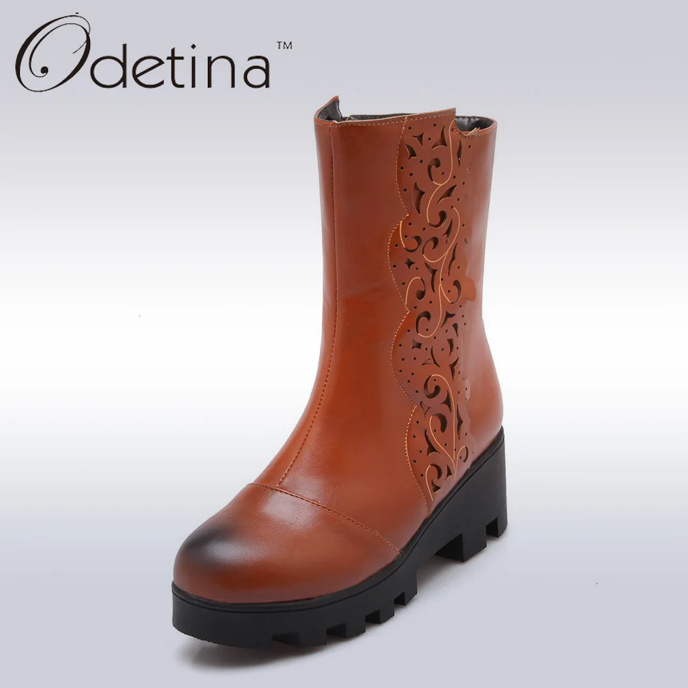 

Odetina Vintage Chunky Platform Boots Large Size 2016 Autumn Winter Boots Heels Mid Calf Boots Cut Out Booties Botas Mujer Larga