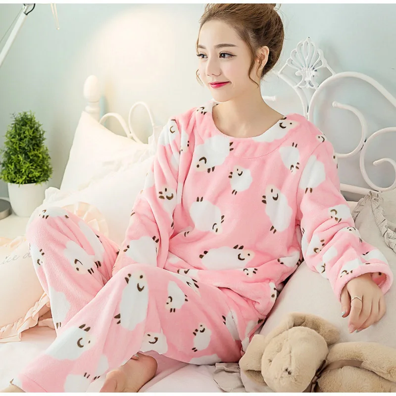 Two Piece Plus Size Winter Sleepwear Women Pajamas Nightgown Big Size Letter Kawaii Home Warm Clothes Female Nightdress