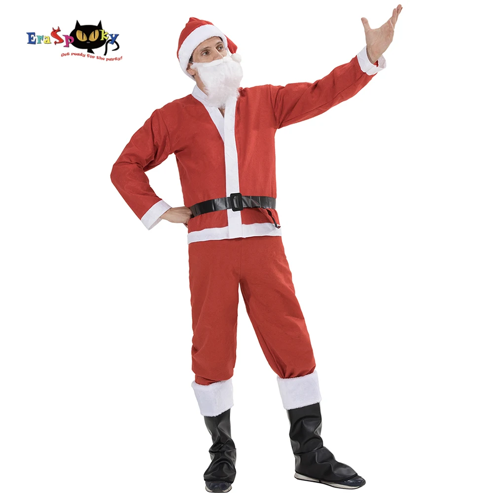 Eraspooky дешевые красные костюмы Санта Клауса для взрослых, Рождественский костюм для мужчин, карнавальный год, необычное рождественское платье, набор для косплея, шапка