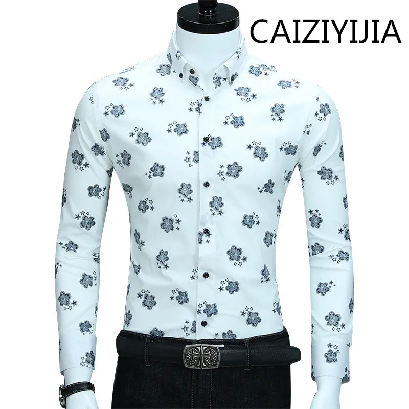 

CAIZIYIJIA Autumn Men High Quality Cotton Silm fit Long Sleeve Dress Shirt Fashion Handsome Floral Printed Camiseta Masculina