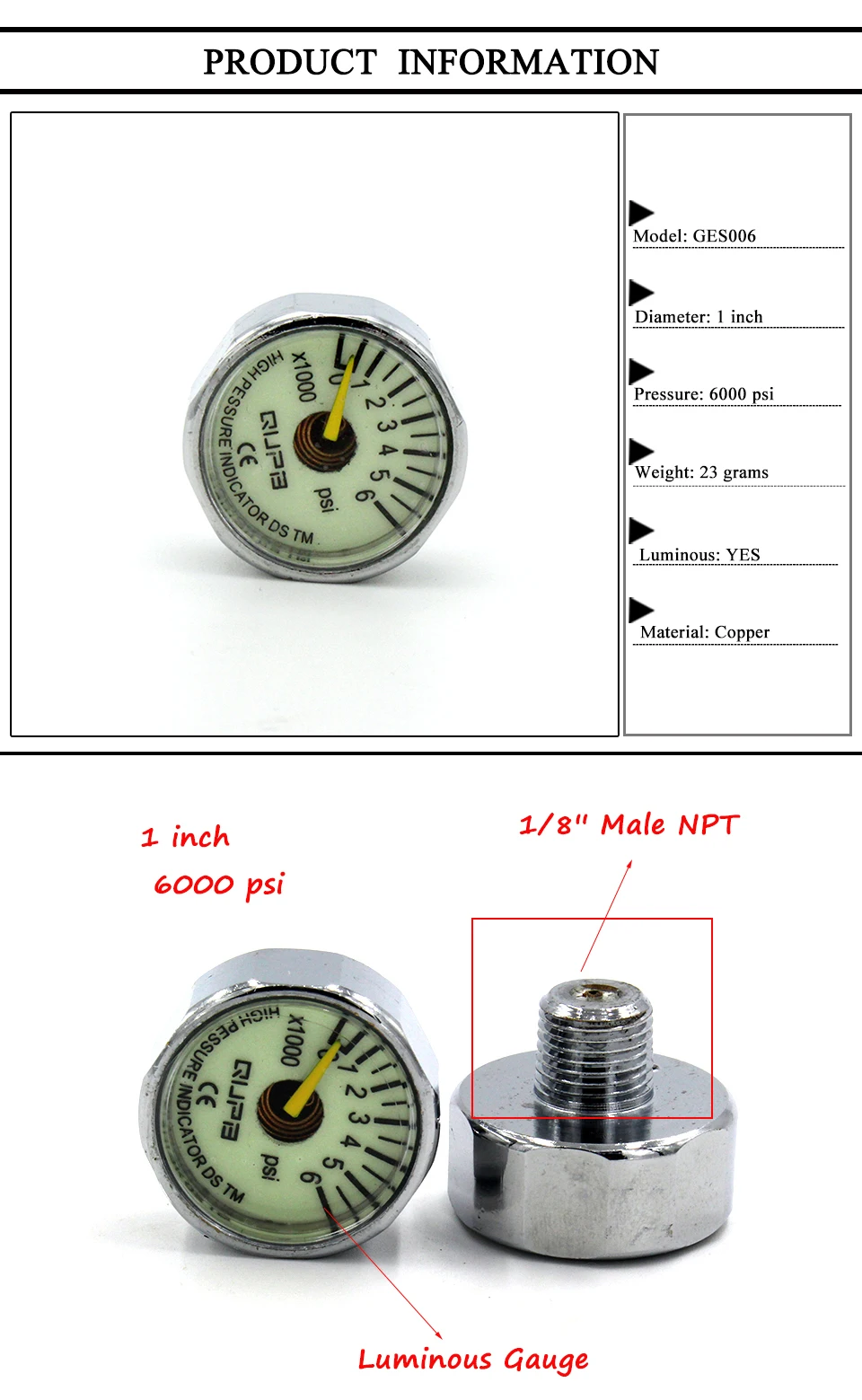 Qupb 1 дюймов Пейнтбол высокого Давление световой датчик 6000psi 1/8NPT Нитки ges006