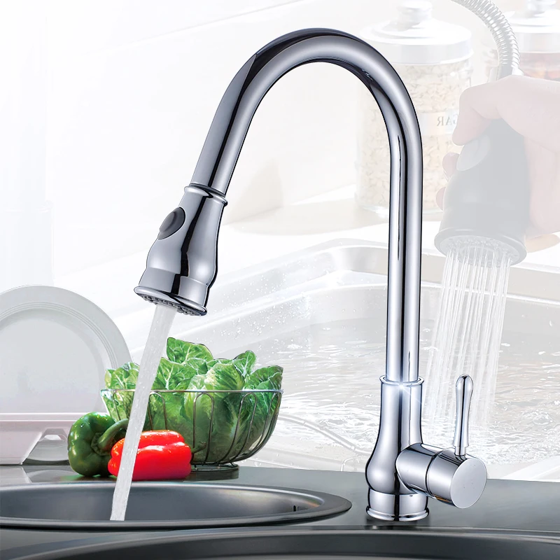 Смесители для кухни Высокое Chrome Arch faucet вытащить Кухня нажмите матовый Никель поворотный 360 градусов воды смесителя