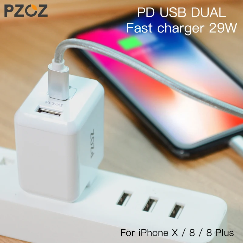 PZOZ PD USB 29W Fast Charger adapter For Apple iphone X 8 Plus Type c usb-c Lightning Charge cable Fast charging Dual usb c 3.1