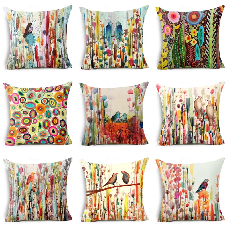 

New Bird Oil Painting Polyester Cushion Cover Plant Flower 45X45cm Pillow Case Home Decorative Pillows Cover For Sofa Car