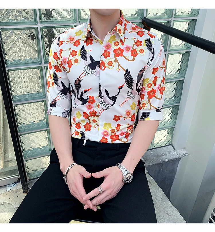 2019 Летняя мужская рубашка платье с короткими рукавами и цветочным принтом повседневные зауженные официальные рубашки смокинг для ночного