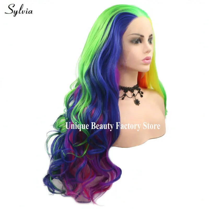 Sylvia, цвет радуги, ярко-синий, зеленый, желтый, фиолетовый, оранжевый, синтетический парик для женщин, косплей, длинные волнистые волосы