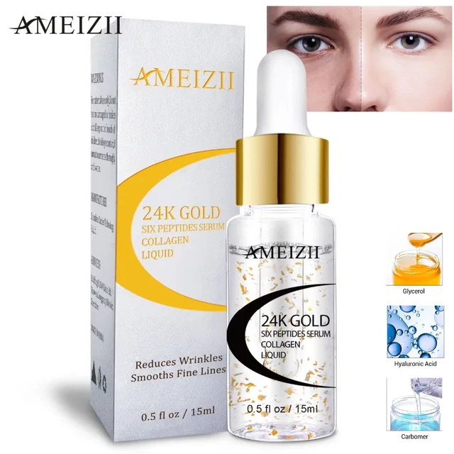 AMEIZII 24K Gold Six Peptides Serum Anti Wrinkle Collagen Whitening Face Cream Pure Hyaluronic Acid Skin Care Firming Essence