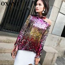 OXANT с открытыми плечами Лоскутные женские футболки с пайетками на молнии с длинным рукавом нерегулярный Топ женский Осенняя мода Tide
