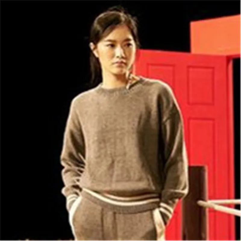 100% шерстяной, ручной работы с О-образным вырезом и вязать Женская мода полоски контрастного цвета H-прямой пуловер свитер и более размер
