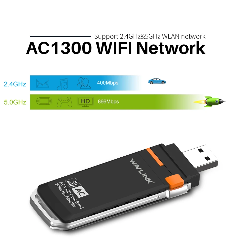 Wavlink AC1300 USB 3,0 мини WI-FI донгл Адаптер 2,4G/5G Dual Band Беспроводной сетевая карта WI-FI поддерживает Windows XP/Vista/7/8/10 шт