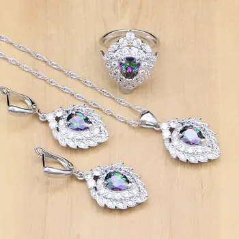 

Natural Mystic Rainbow CZ 925 Sterling Silver Jewelry Sets For Women Wedding Earrings/Pendant/Necklace/Rings