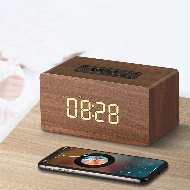 Деревянный Bluetooth динамик светодиодный цифровой будильник беспроводной звуковая