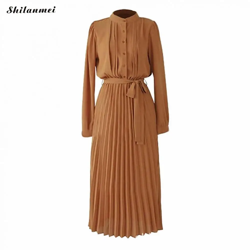 

2019 Autumn Spring Women Elegant Long Dress Female Solid Long Sleeve Belt Lace Up Dress Loose Casual Office Lady Pleated Dress
